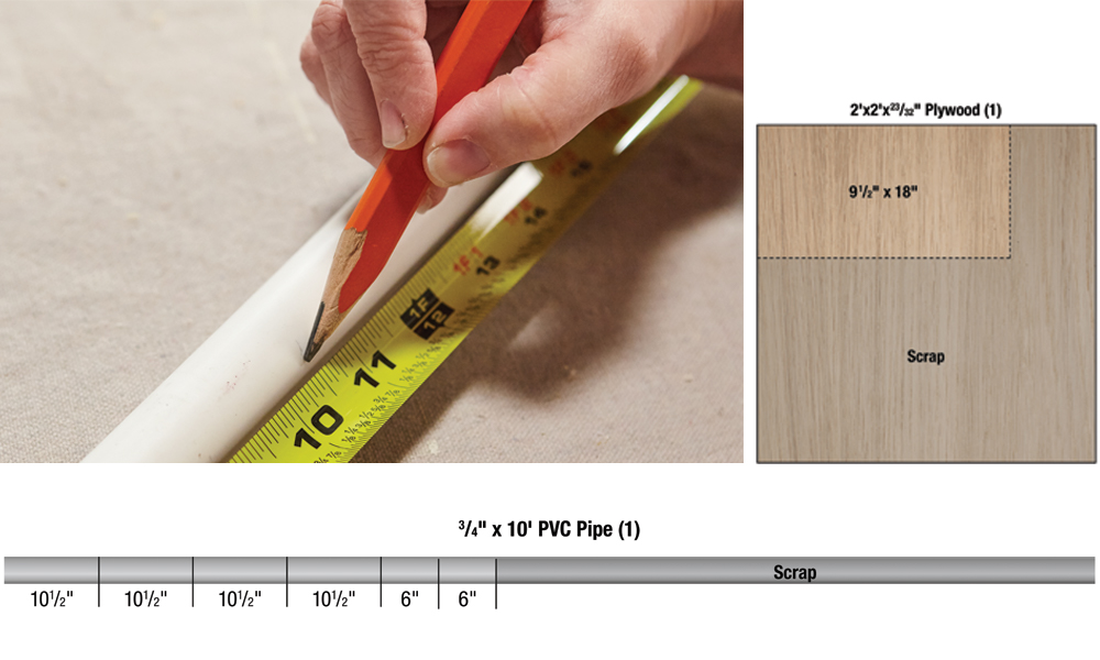 A plywood board and a PVC pipe showing the pieces needed to build a DIY crate table. A plywood board and a PVC pipe showing the pieces needed to build a DIY crate table.