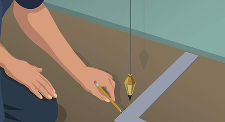 Illustration of a man using a plumb bob to measure and mark the floor.