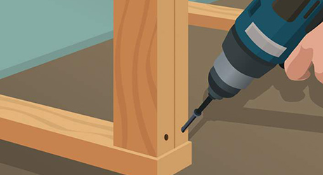 Illustration of someone drilling end shelves into sole plates.