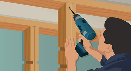 Illustration of a man drilling center shelf supports into place.