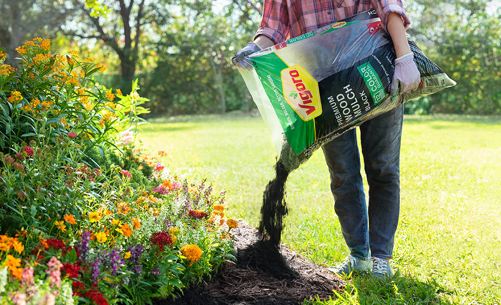 A person pour wood mulch from a bag into a flowerbed.