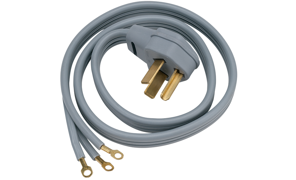 A 3-prong dryer cord on a white background.