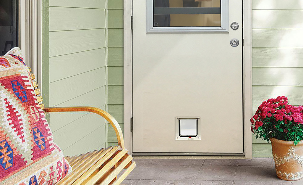 A prehung door with a cat door at the bottom. 