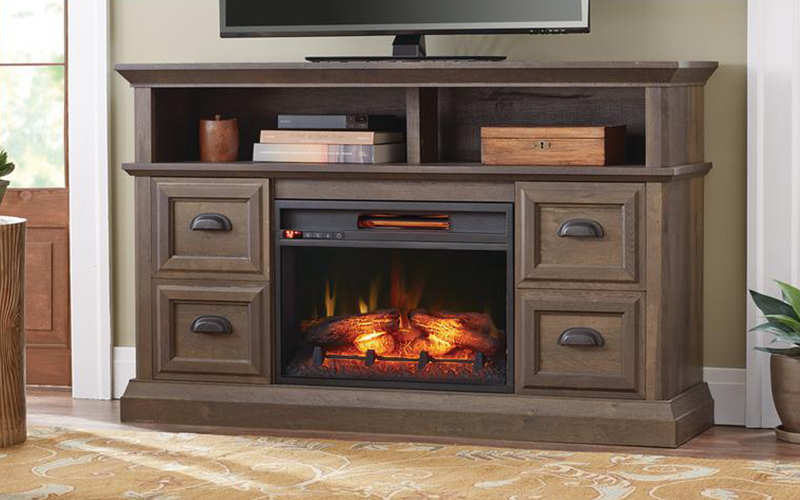 A classic style fireplace TV stand with two open shelves.