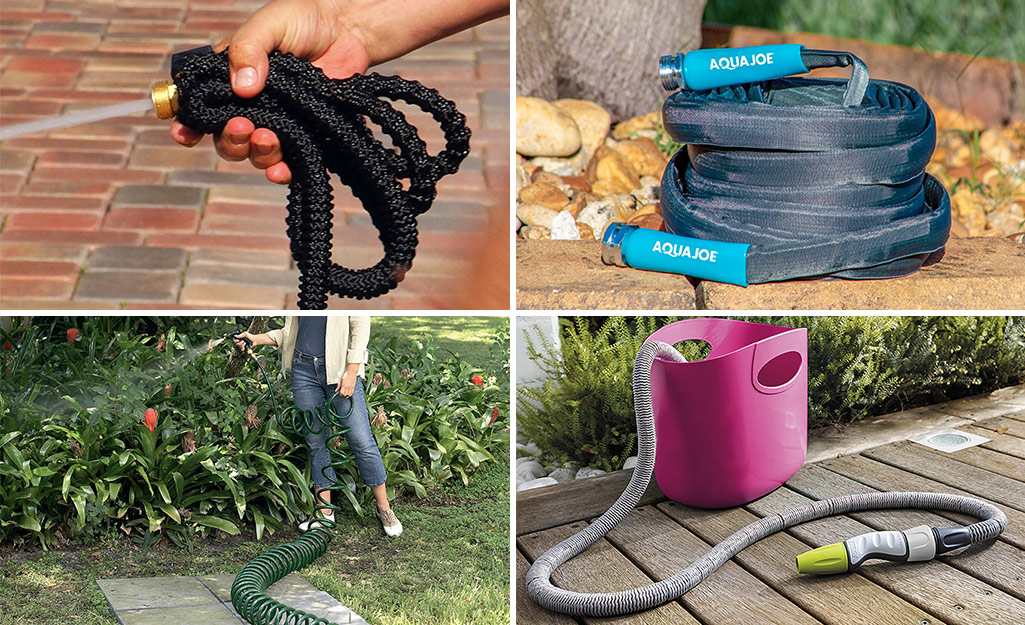 Four types of garden hoses: Top left is an expandable hose, top right is a flat hose, bottom left is a coiled hose, bottom right is an extendable hose.