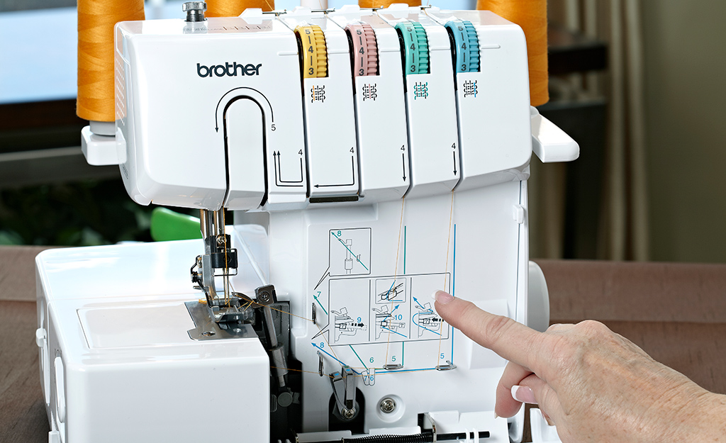 A finger pointing to the features of a serger overlock sewing machine