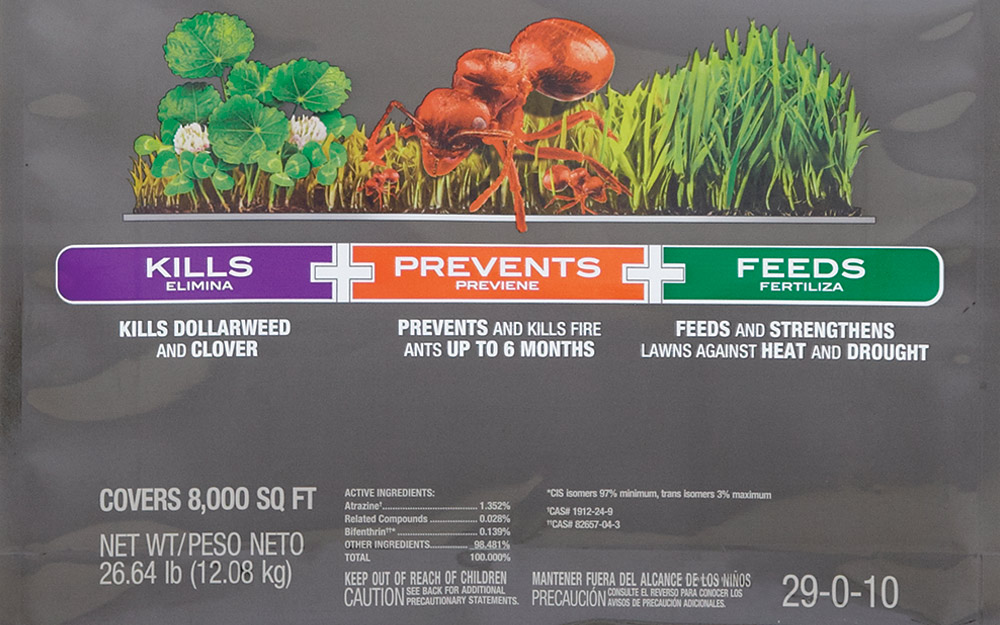 Magnified view of a label on a bag of lawn fertilizer.