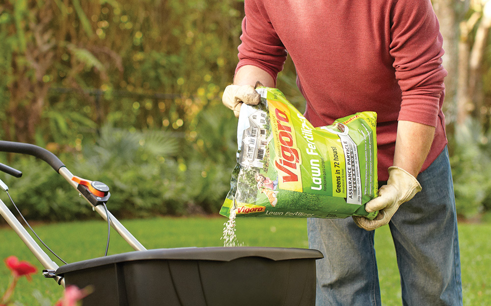 Person putting feed-only fertilizer into a spreader.