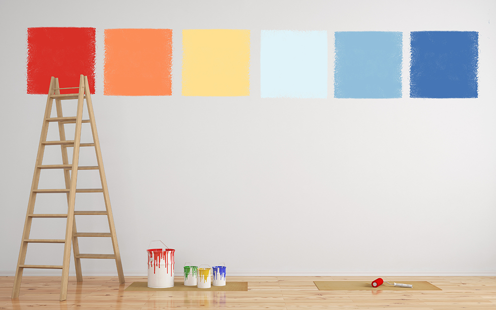 A ladder rests against a wall featuring large test paint squares of different colors. 