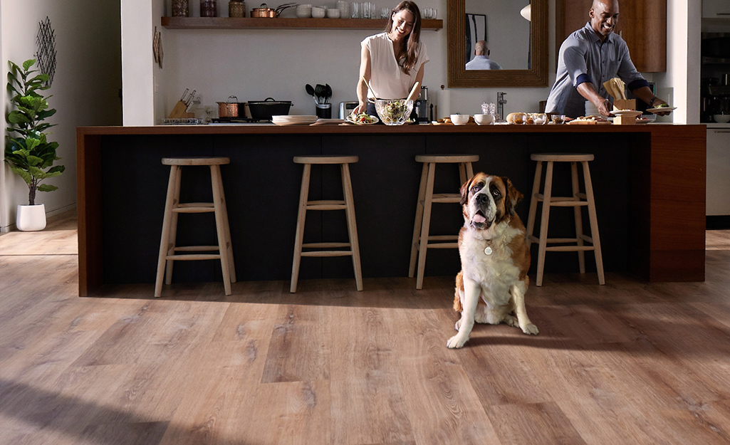 A dog sits on the floor in front of a kitchen island where two people are preparing food.