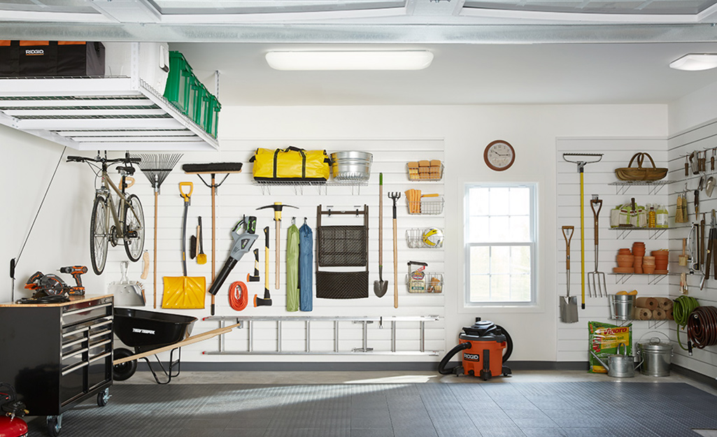 A garage with bright garage lighting.