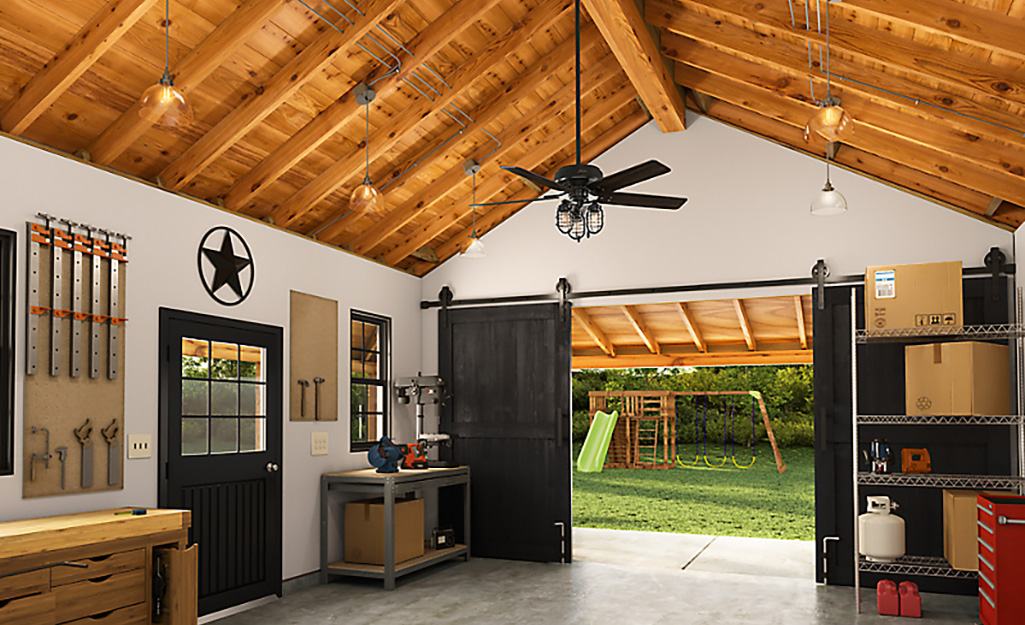 LED lighting hangs in an open garage.