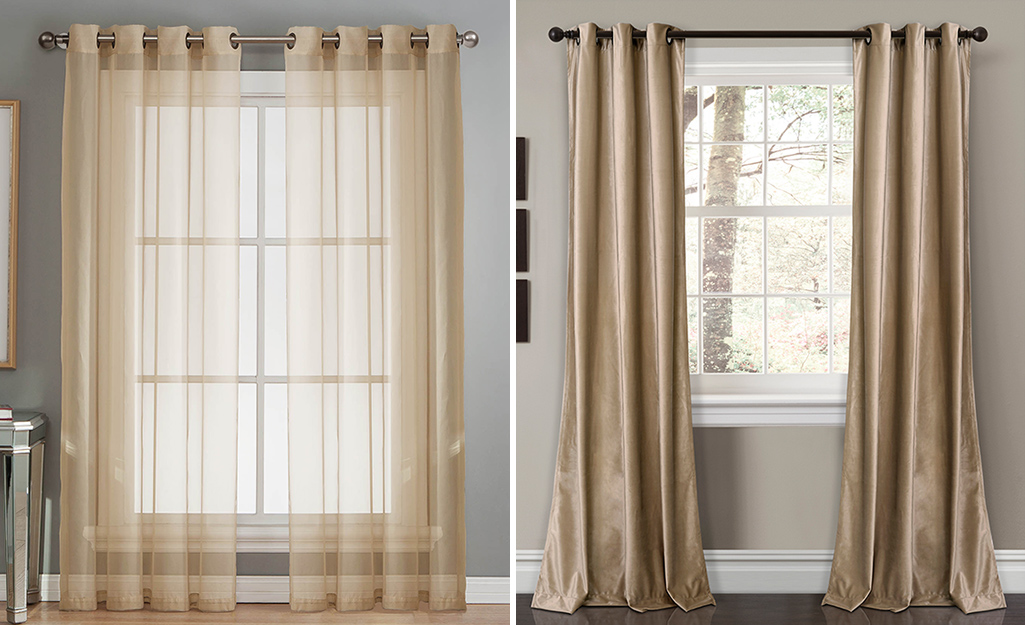 A side-by-side comparison of sheer and non sheer curtains. 