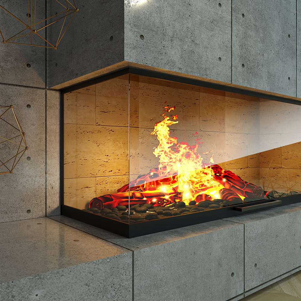 A fire burns in a modern fireplace.