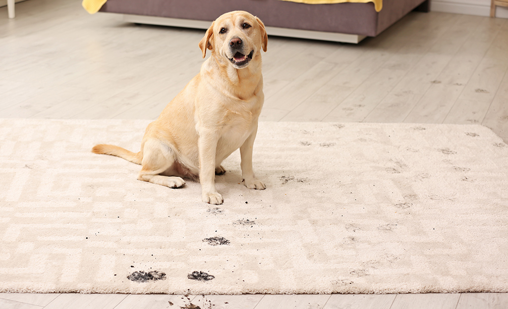 A dog tracking mud on an area rug.