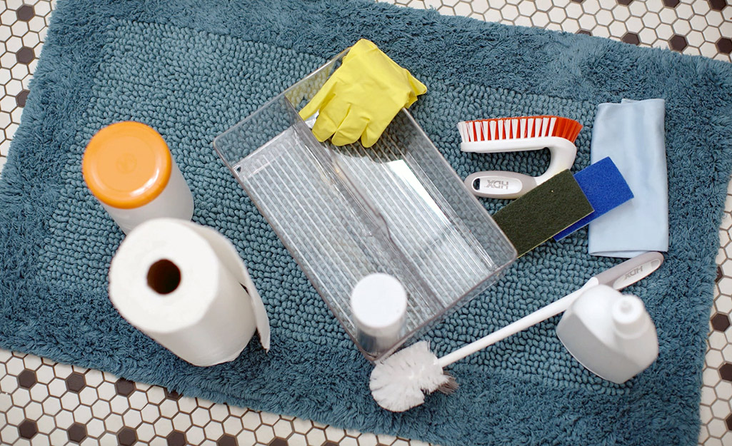 Toilet cleaning supplies are arranged on a bathmat.