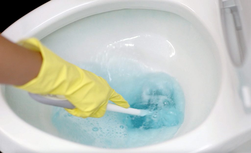 Someone scrubs a toilet bowl with a toilet brush, making soap suds.