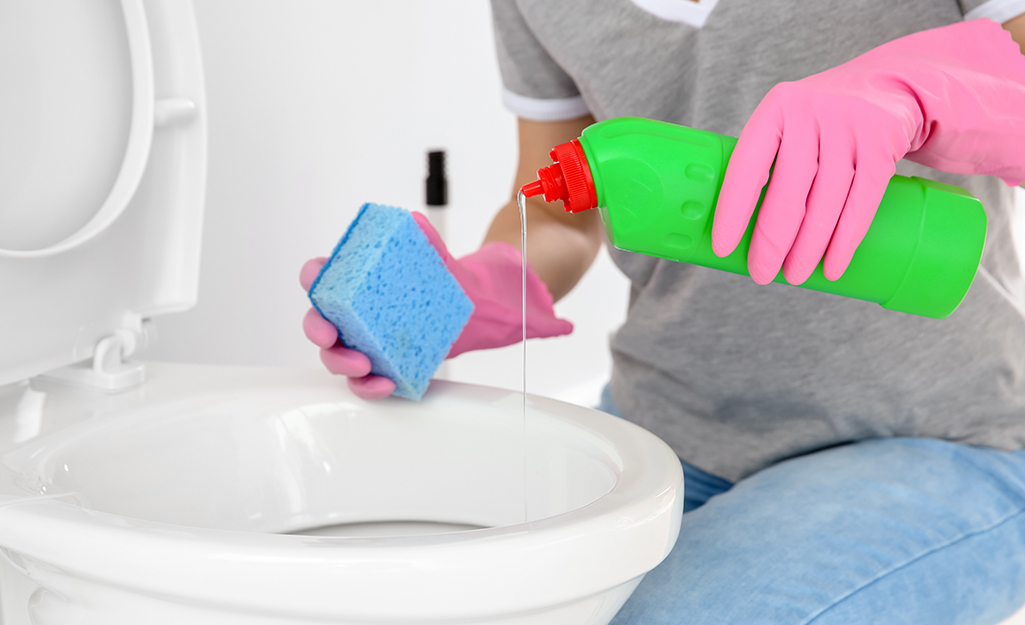 Someone pouring cleaning solution into a toilet.