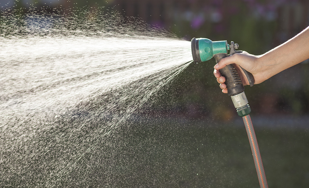 Water sprays from a hose being held by a person.