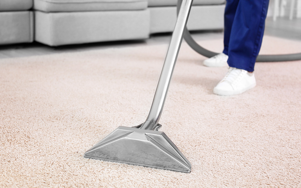 Person steam cleaning carpet 