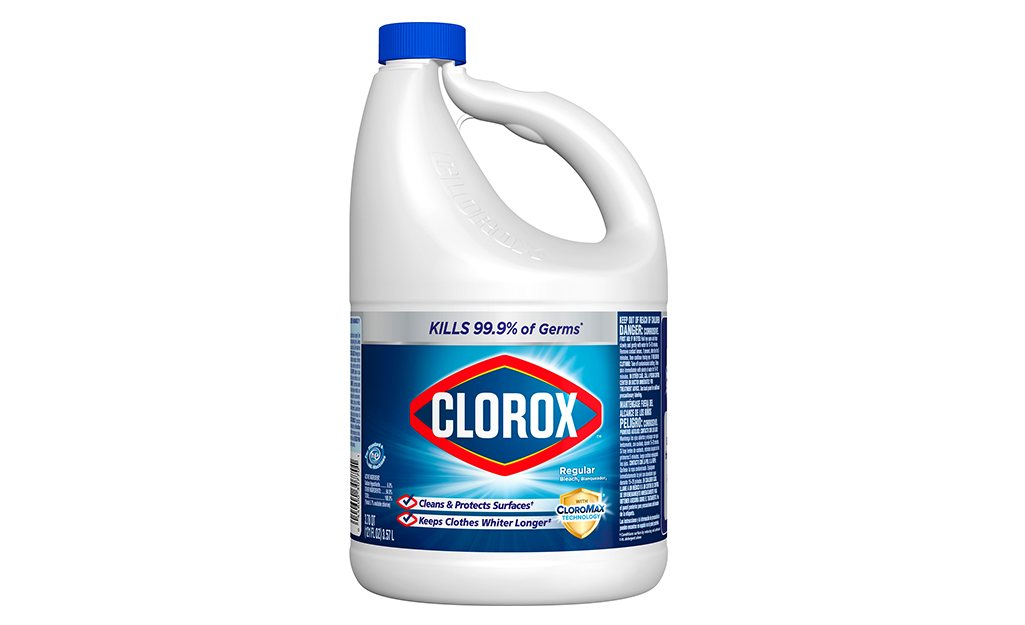 A bottle of bleach to use for cleaning shower tile.