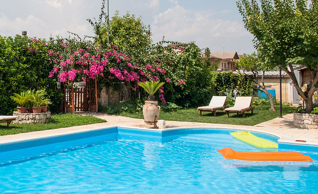 Two pool floats drift in a swimming pool with clear blue water in a serene setting that includes a pink flowering plant.