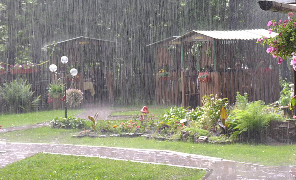 Rain pouring on a home and garden.