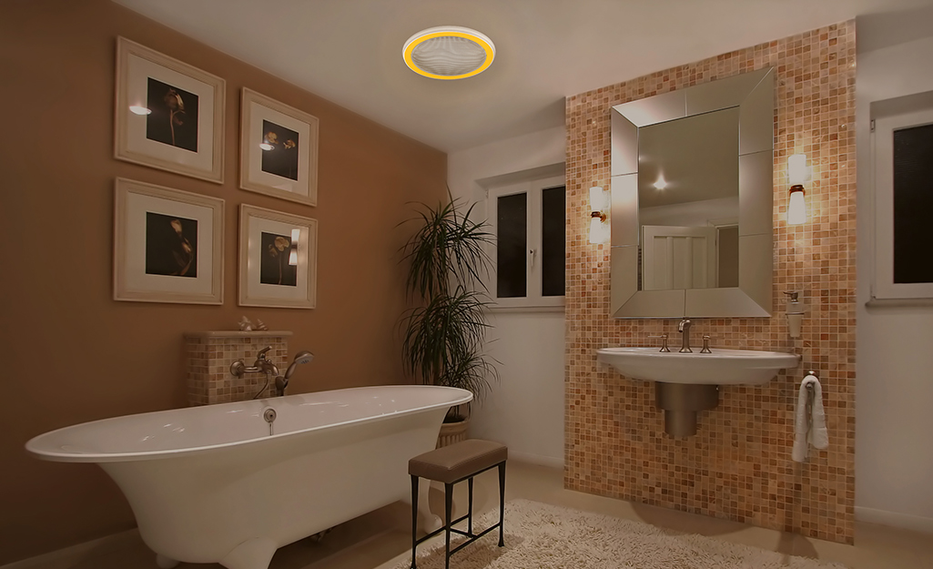 A bath featuring a ceiling light, vanity lighting and other smart products.