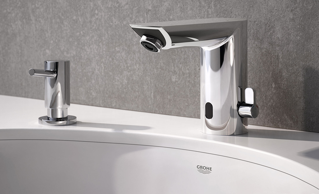 A smart voice-activated faucet installed in a vanity sink.