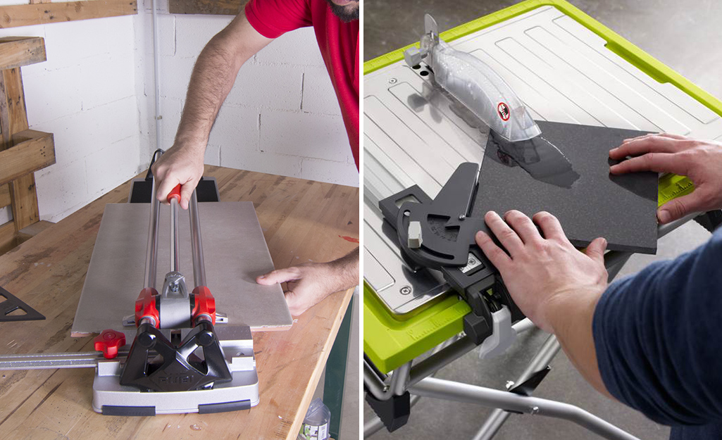 A manual tile cutter on the left and a wet saw on the right are both used to cut tile.