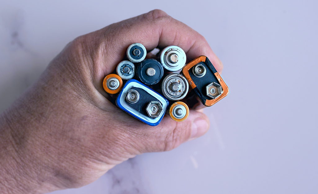 A hand holds single-use alkaline batteries, like AA, AAA and 9-volt batteries.