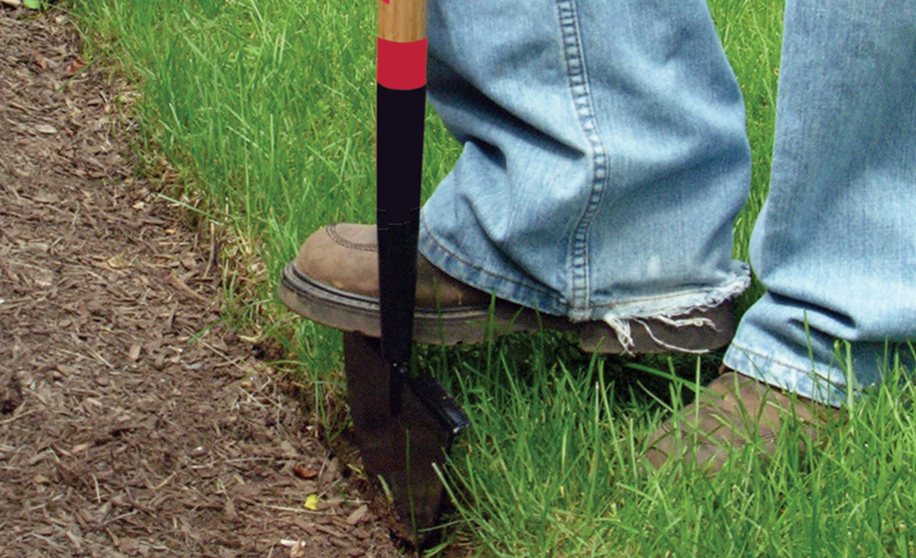 A person using a manual edger along planting bed.