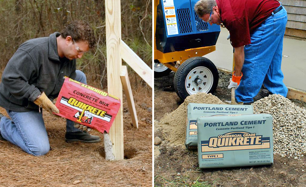 A man using concrete mix to set a post and a man shoveling gravel and using cement. 