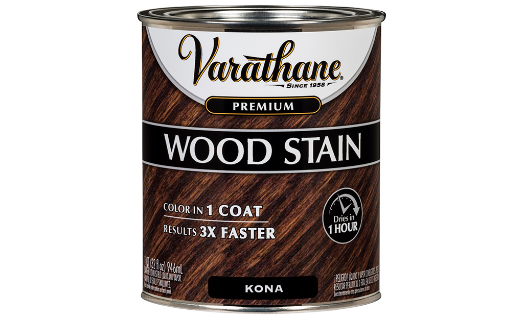 A can of wood stain sits on a white background.