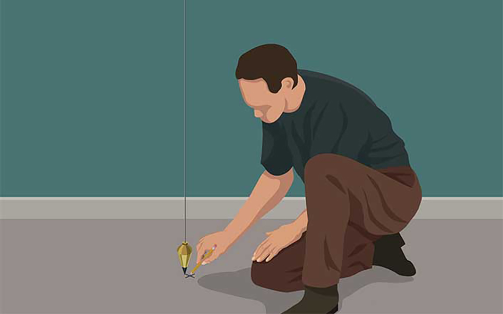 illustration of a man making a mark where the sole plate of a door frame will be installed