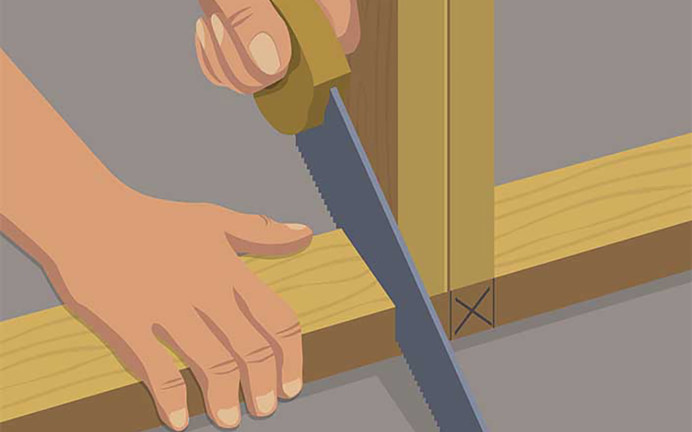 illustration of a person using a saw to cut a portion of the sole plate