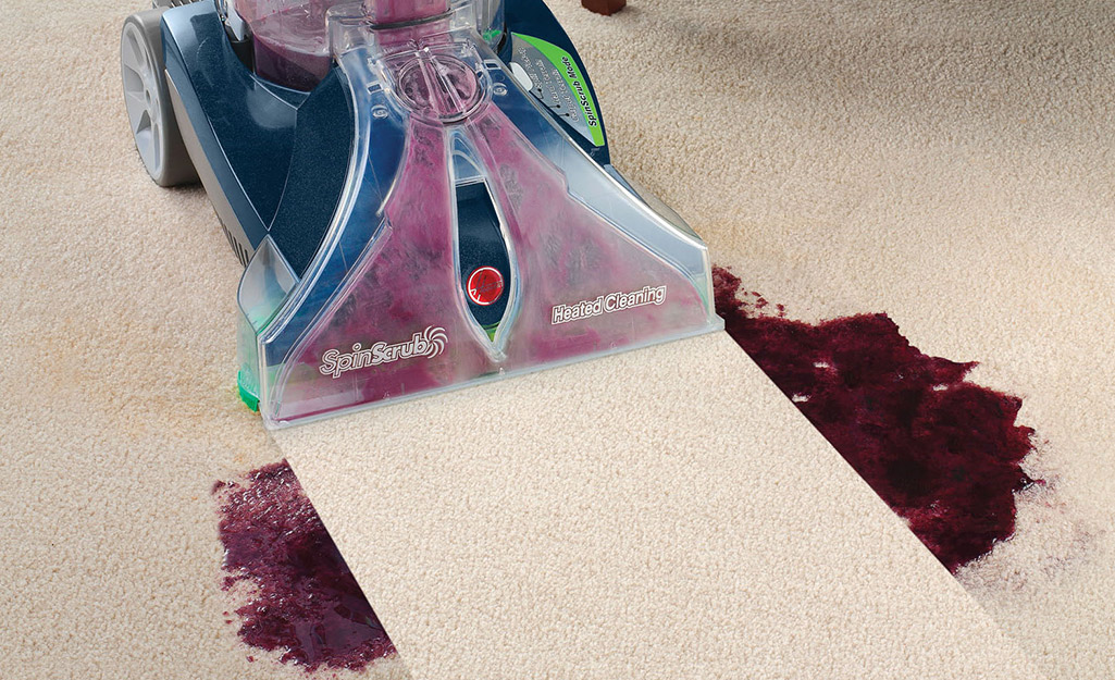 A carpet cleaning vacuum picks up a stain from a carpet.