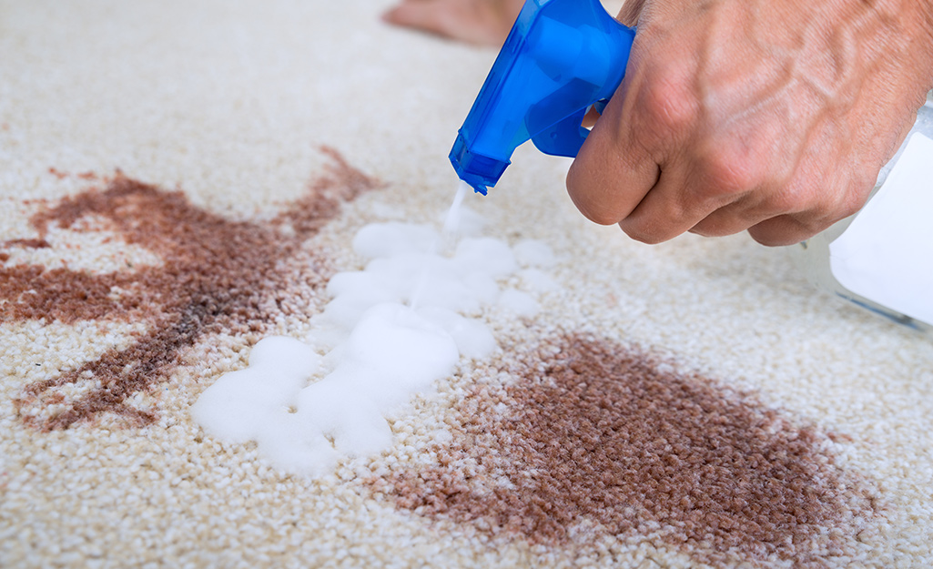 Person using a spray cleaner to remove a stain.