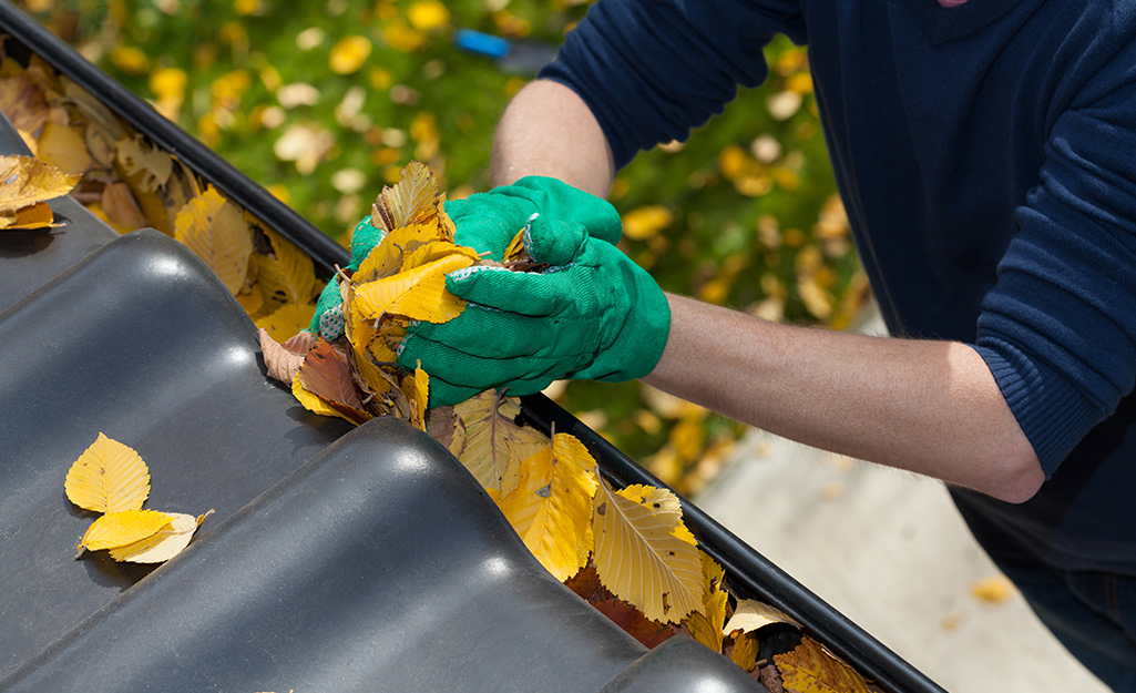 Person cleaning leaves out of their gutter.