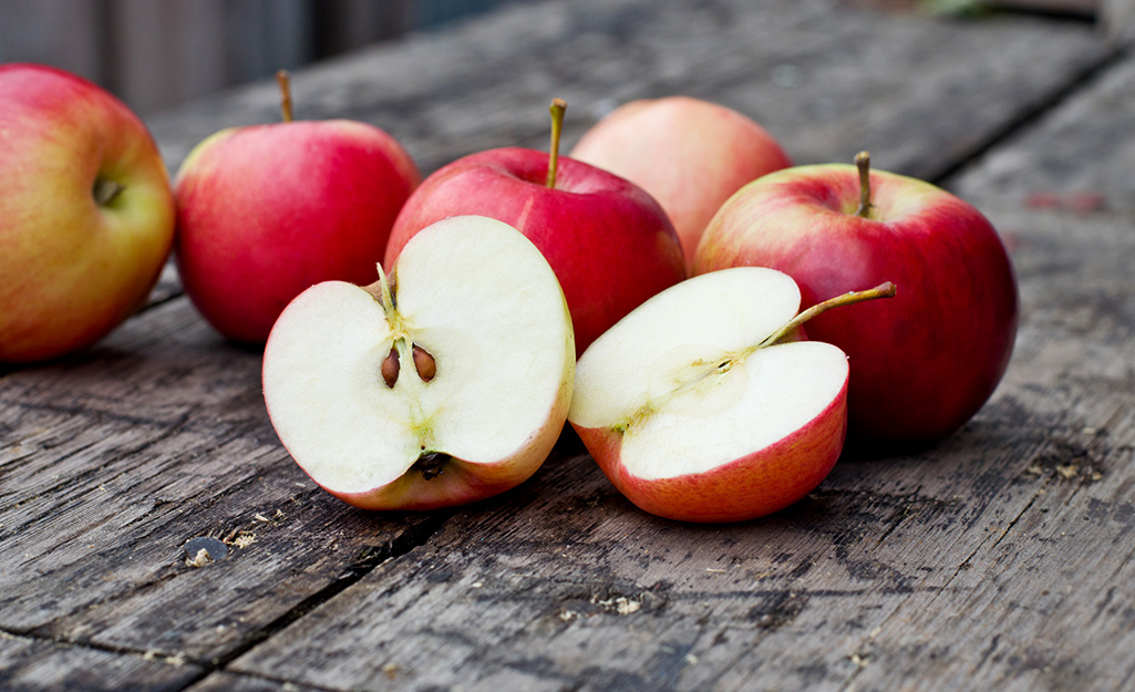 An apple cut in half sits in front of several whole apples on an outdoor table.