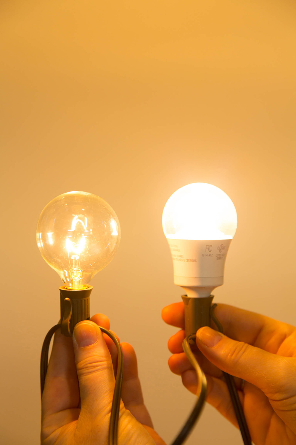 A person holding a LED light bulb and an incandescent light bulb.