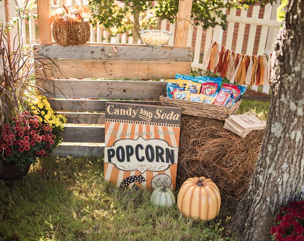 A completed DIY concession stand for a Fall movie night.