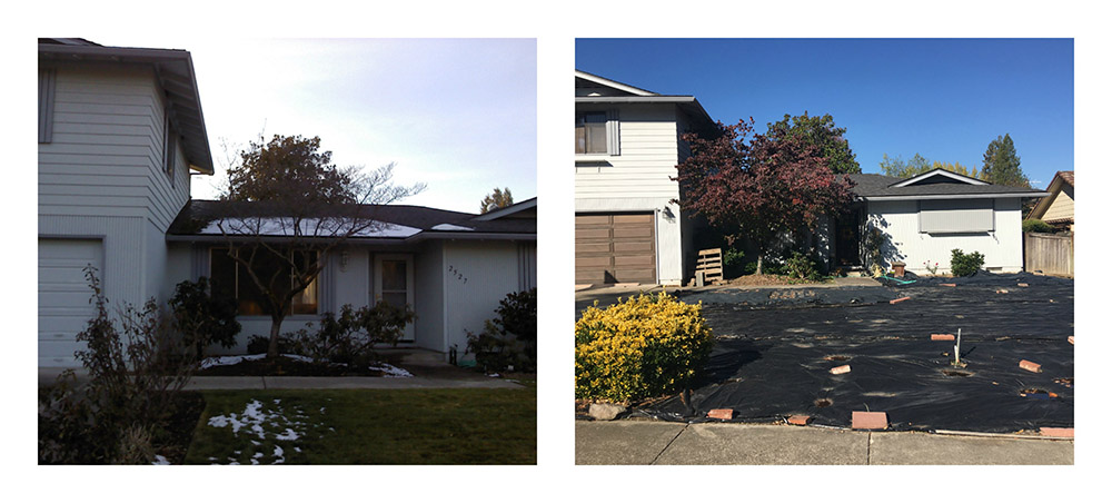 A side by side view of a front yard before and during the installation of landscape lighting.