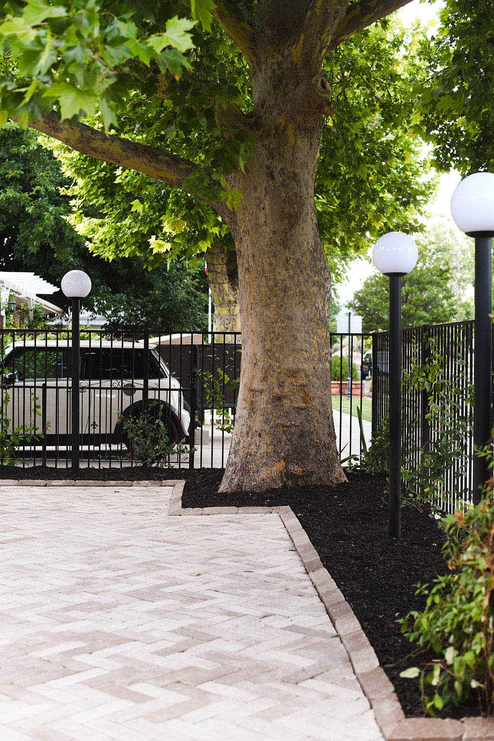 A black fence and tall lights surround an outdoor area with a large tree and pavers.