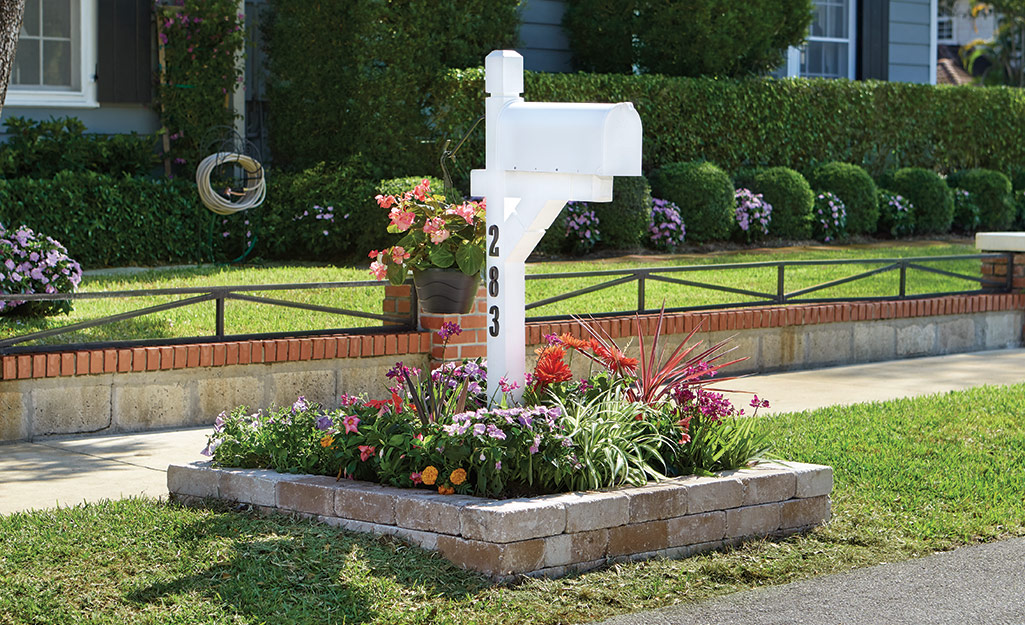 A white mailbox in a curb garden.