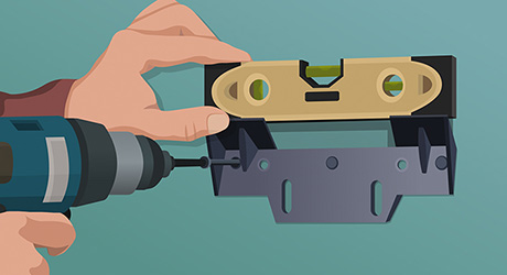 An illustration of a person leveling and installing a pedestal sink mounting brace.