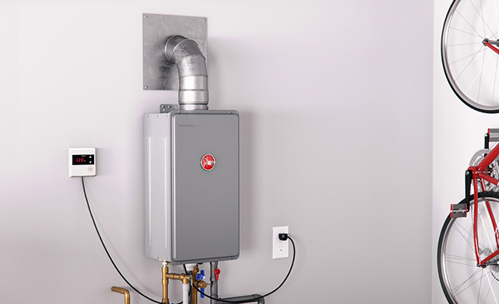 Tankless gas water heater on wall