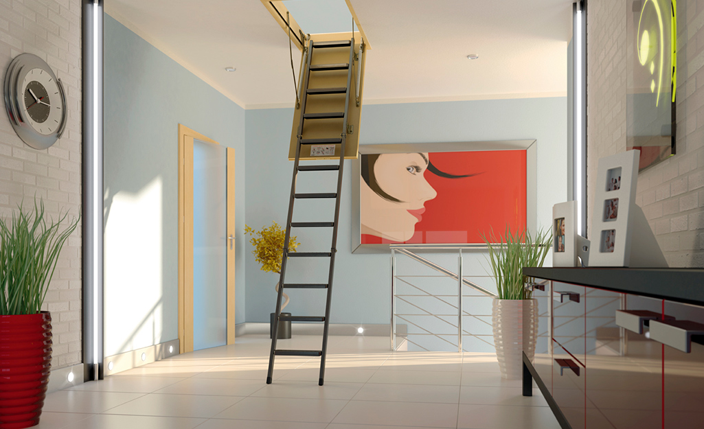 An extended attic ladder in a home. 