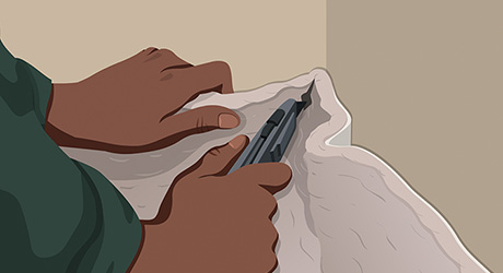 Step 4: Person Cutting Relief Cuts in Corners of Carpet with Carpet Knife Step 4: Person Cutting Relief Cuts in Corners of Carpet with Carpet Knife