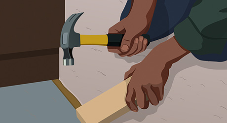 Step 15: Person Holding Hammer and Block of Wood to Make Transition Moulding Step 15: Person Holding Hammer and Block of Wood to Make Transition Moulding